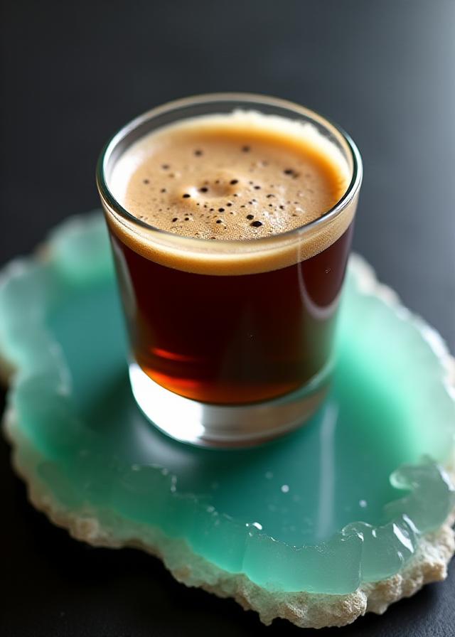 Caffè espresso versato su pietra minerale lucida